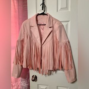 NWOT - Women’s XL Farysays Pink Cropped Fringe Faux Suede Leather Moro Jacket